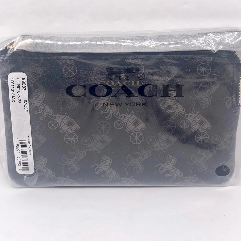 Coach Corner Zip Wristlet Wallet with Horse & Carriage Print Black Grey